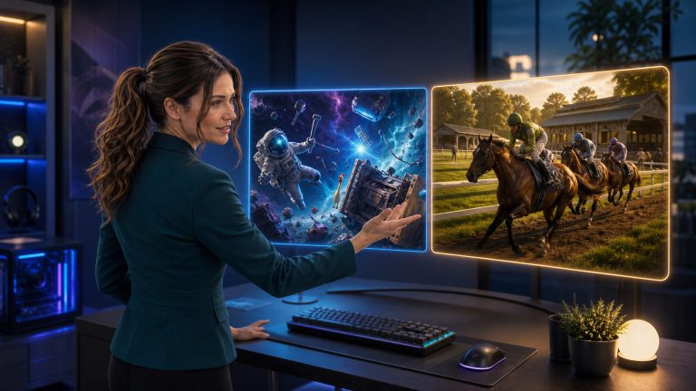 Jennifer Hudsen presents two original game-inspired scenes: an astronaut exploring colorful space wreckage and horses racing beside a stable.