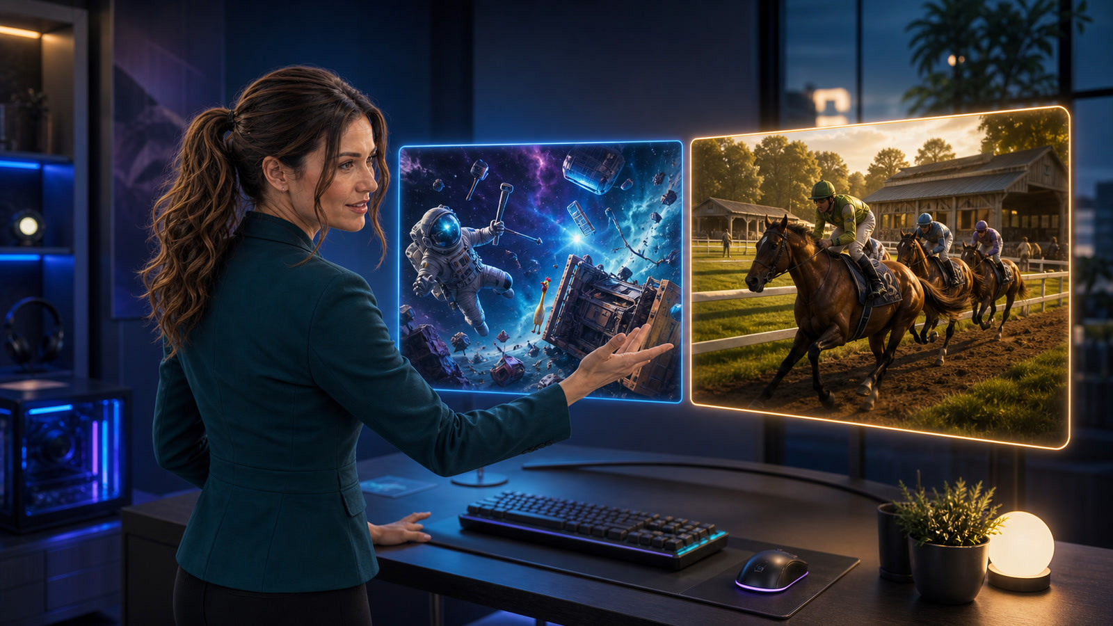 Jennifer Hudsen presents two original game-inspired scenes: an astronaut exploring colorful space wreckage and horses racing beside a stable.