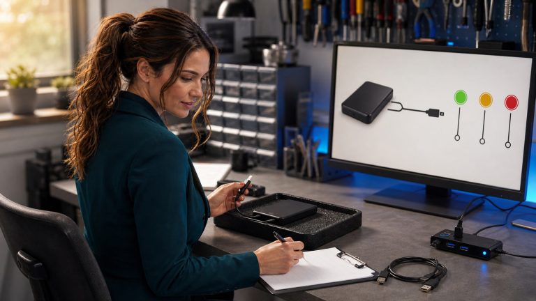 Jennifer Hudsen documents a disconnected external drive, USB cable, and safe diagnostic decision path at a repair workbench