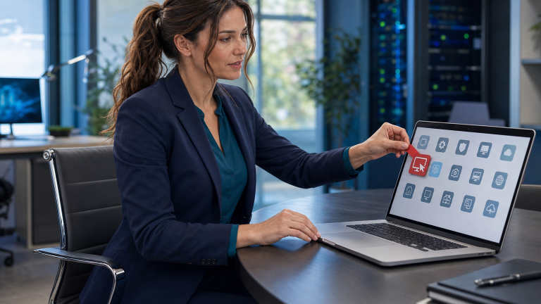 Jennifer Hudsen audits remote-support software on a small-business laptop