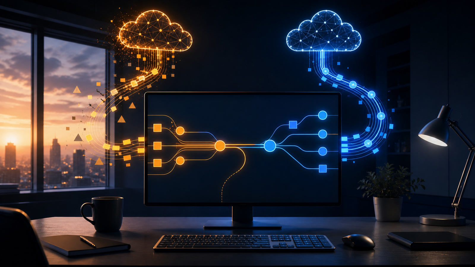 Original editorial illustration of orange warning traffic rerouting into a stable blue cloud path above a developer workstation, with no company logos or text.
