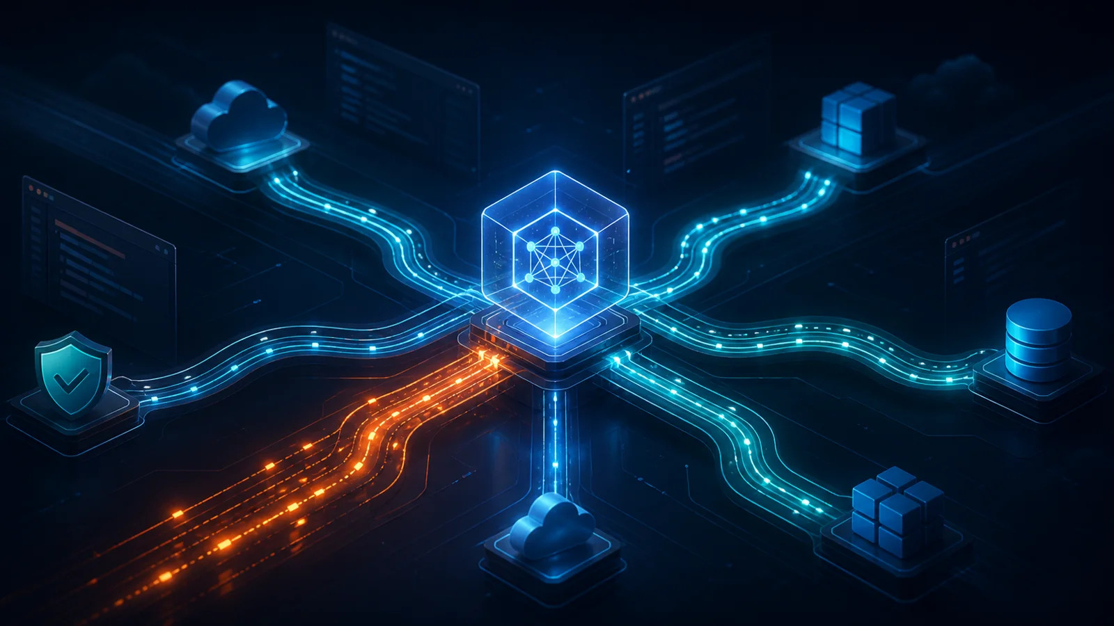 Abstract AI routing hub with one degraded amber path and several available teal alternatives.