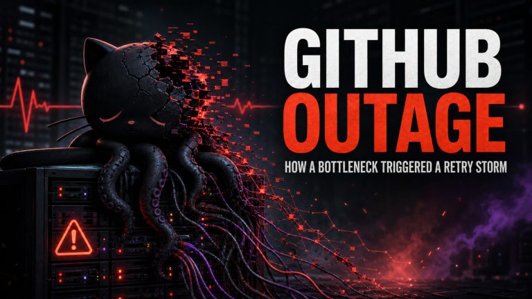 Editorial illustration: a cracked, glitching GitHub-inspired cat slumps over failing servers beside the words GitHub Outage — How a Bottleneck Triggered a Retry Storm