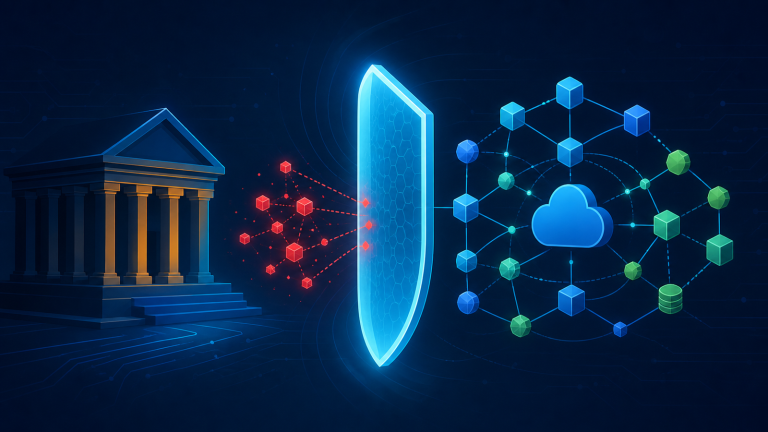 Original illustration of a civic building and red threat nodes separated by a glowing shield from a neutral cloud network.