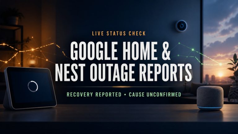 Original dark smart-home illustration reading Live Status Check, Google Home and Nest Outage Reports, Recovery Reported, Cause Unconfirmed, with amber broken links changing to green