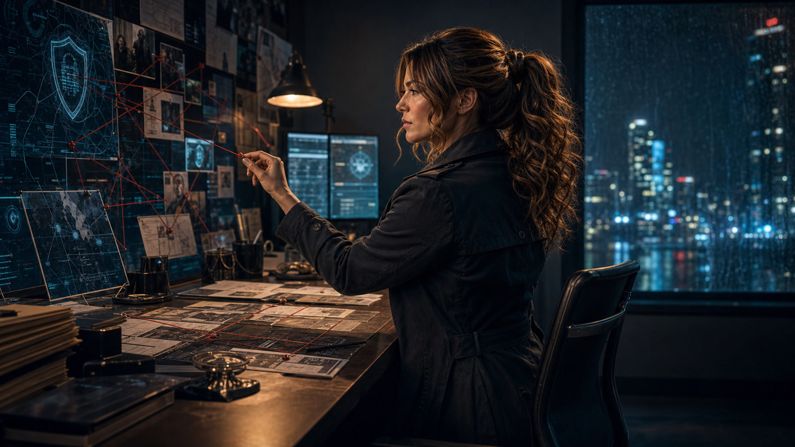 Jennifer Hudsen, a fully clothed noir cyber-detective, studies a multi-story cybersecurity case board in a rain-lit newsroom.