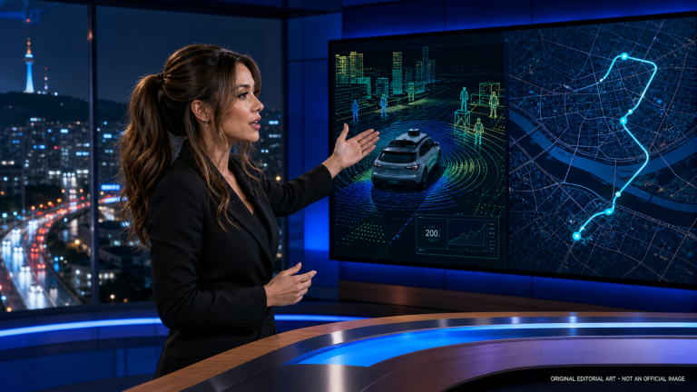 Original editorial art: Jennifer Hudsen presents an unbranded autonomous taxi sensor diagram and Seoul route map in a late-night newsroom; not an official image.