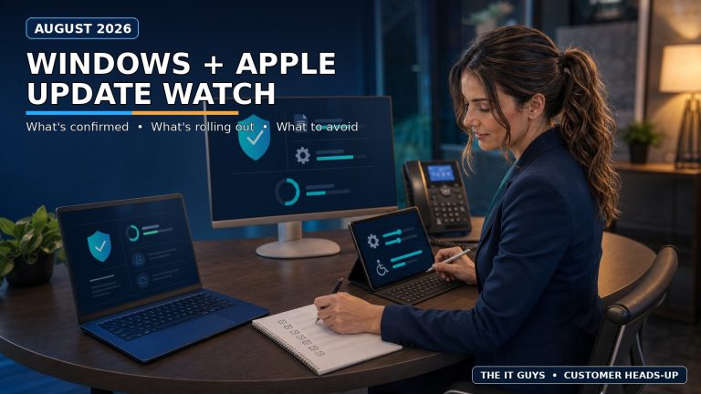 Jennifer Hudsen compares Windows and Apple operating-system updates on two screens for the August 2026 customer heads-up