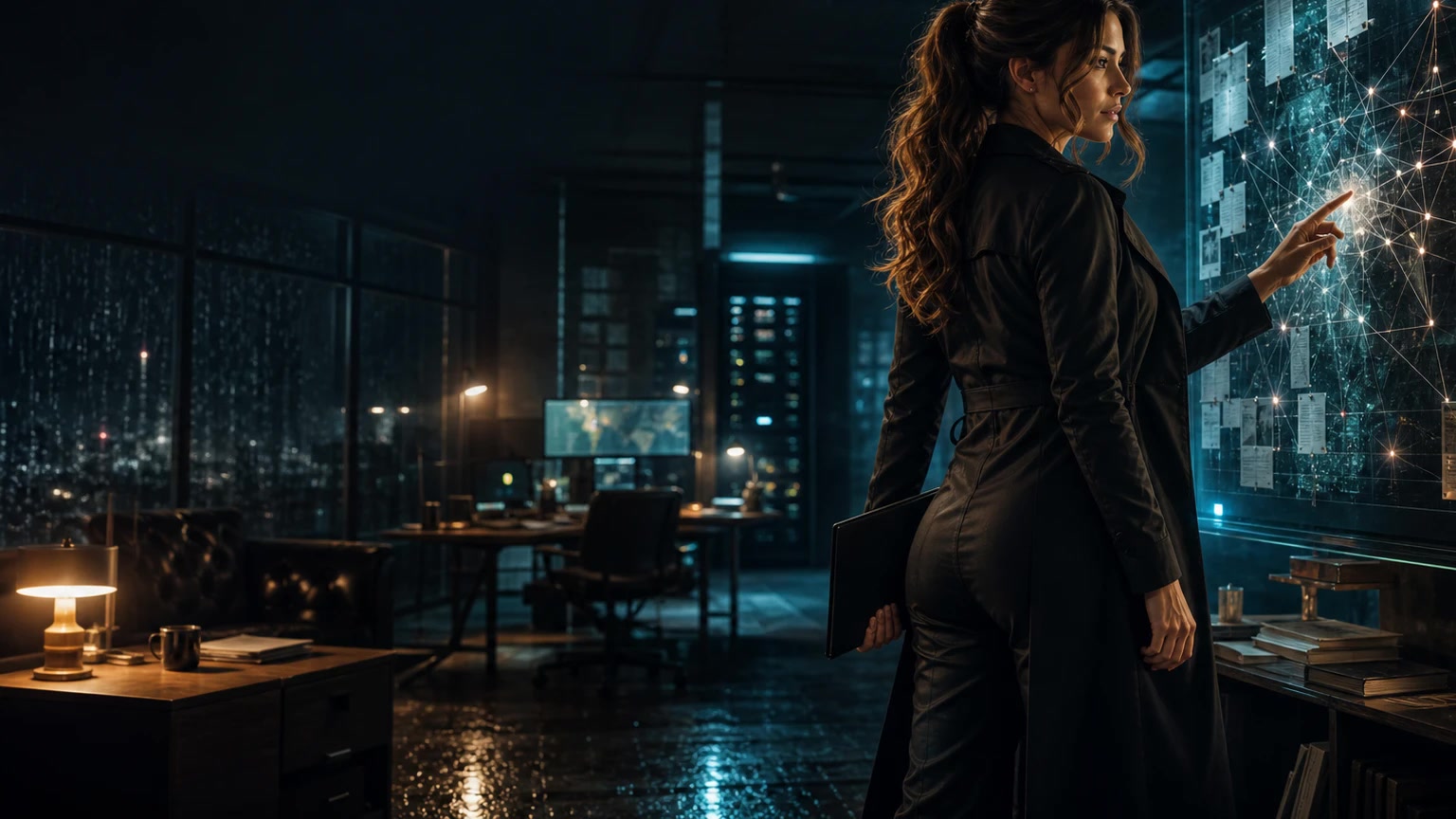 Jennifer Hudsen, an AI noir cyber-researcher, reviews a case board connecting software patches, cloud workflows, mobile firmware, edge devices, and a virtualization incident