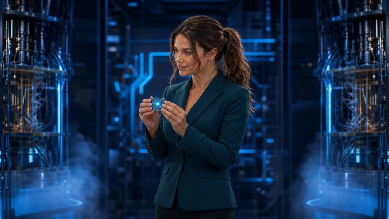 Original Jennifer newsroom art: Jennifer Hudsen holds an abstract glowing superconducting transistor node between two unbranded cryogenic quantum-hardware chambers.