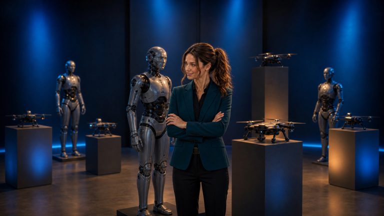 Original Jennifer newsroom art: Jennifer Hudsen stands with unbranded humanoid robots and drone models in a blue-and-amber overnight studio, illustrating a report on global robotics competition.