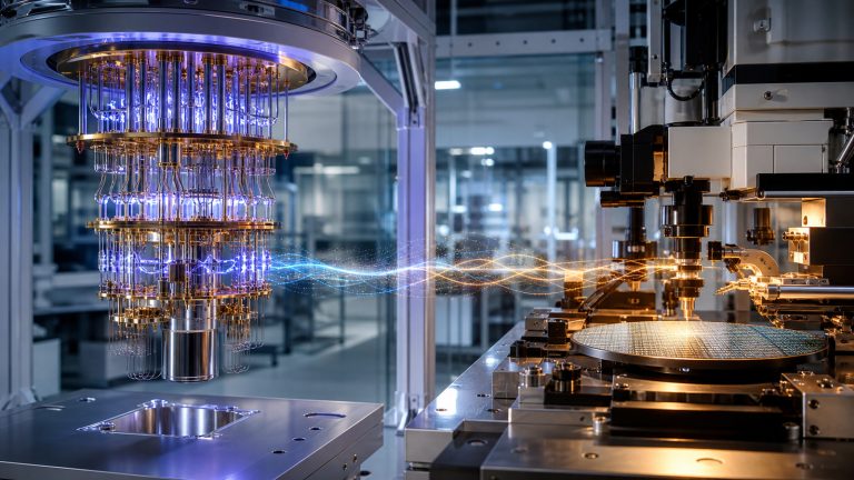 Editorial illustration of a cryogenic quantum processor and a silicon wafer research station connected by flowing blue and amber light.