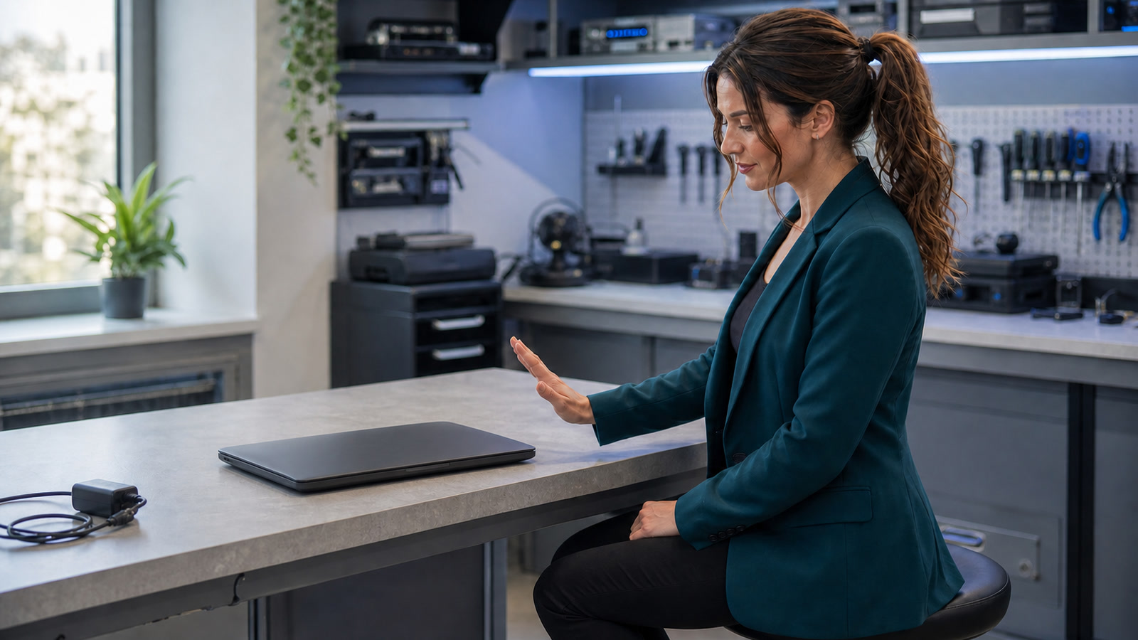 Jennifer Hudsen pauses beside an unplugged laptop with a subtly lifted case edge that may indicate a swollen battery.