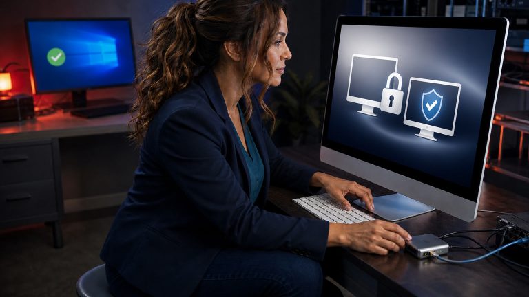 Jennifer Hudsen reviews a Mac Screen Sharing security update while a Windows status screen shows no new action required