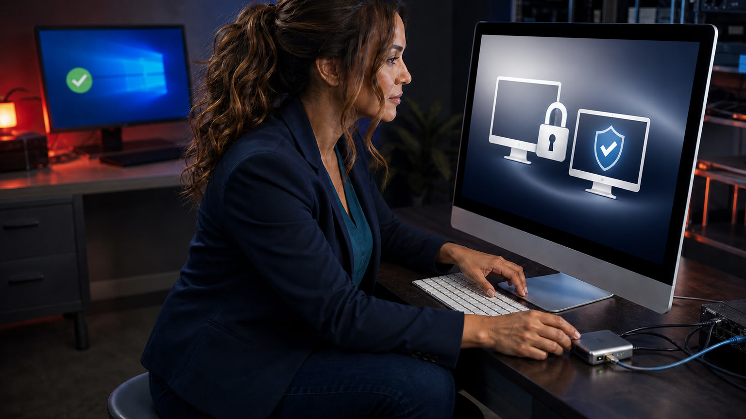 Jennifer Hudsen reviews a Mac Screen Sharing security update while a Windows status screen shows no new action required