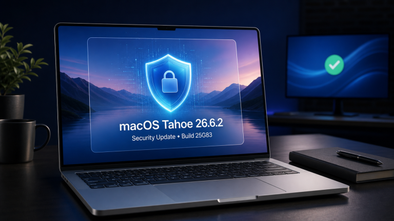Original editorial illustration of a Mac security update screen for macOS Tahoe 26.6.2 build 25G83, with a calm Windows status display in the background