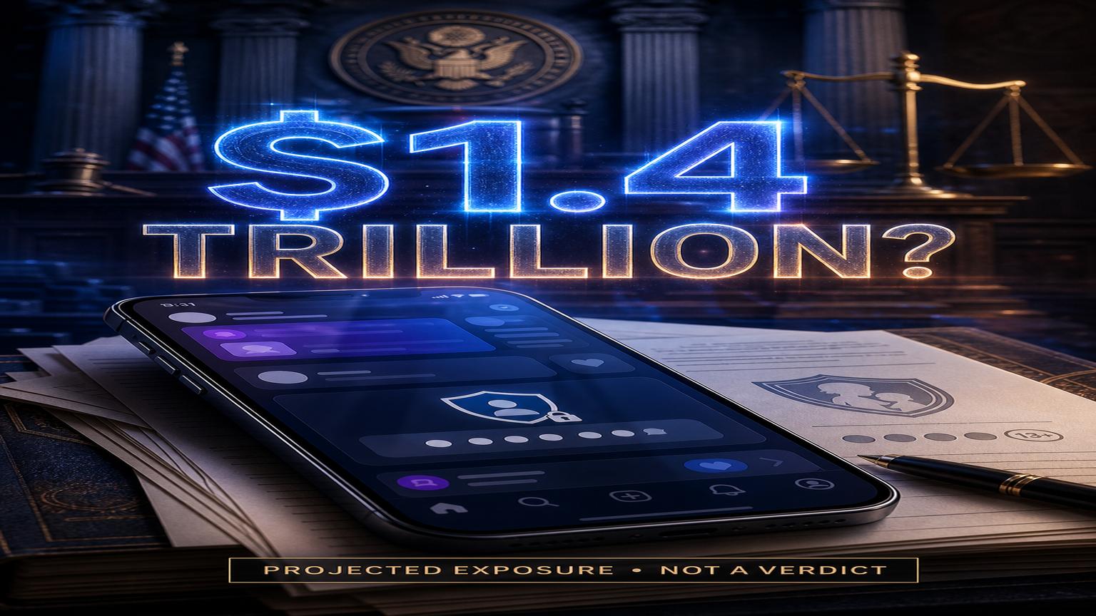 Original editorial illustration of a federal courtroom, a generic social media phone and the words $1.4 trillion with a question mark; labeled projected exposure, not a verdict