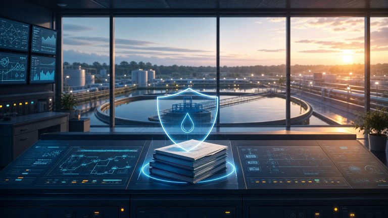 Original editorial illustration of a water-treatment control room, technical project folders and a protective digital shield