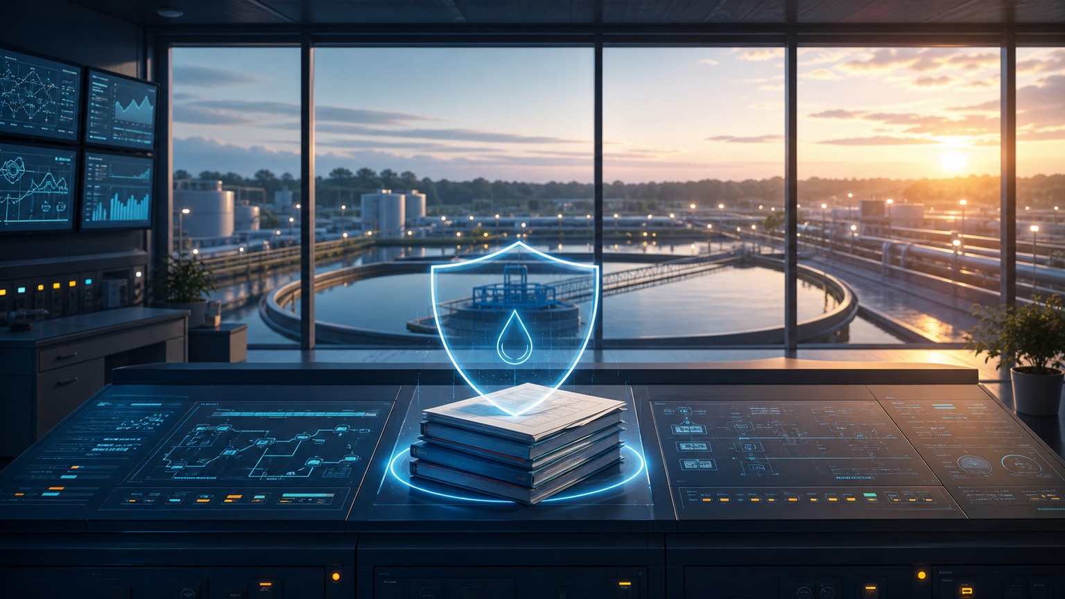 Original editorial illustration of a water-treatment control room, technical project folders and a protective digital shield