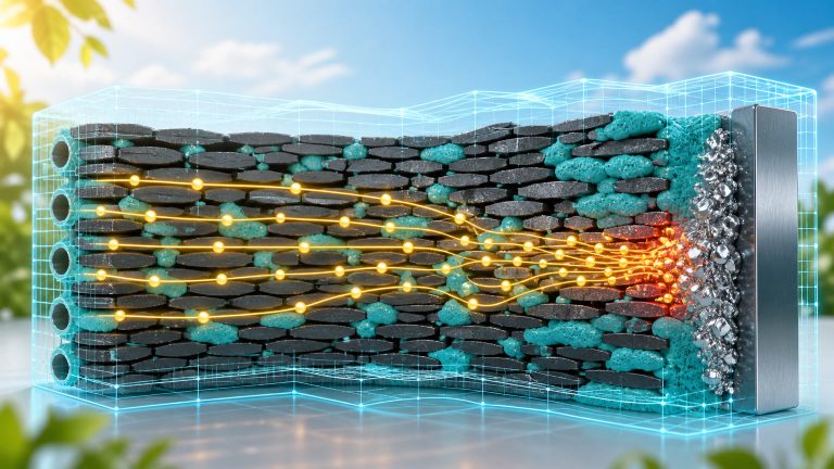 Original conceptual editorial illustration of glowing lithium ions flowing through a wireframe digital twin of a graphite battery anode, with a localized bottleneck near the current collector.