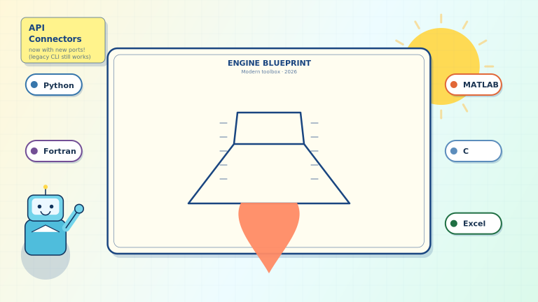 A friendly cartoon blueprint parchment showing a rocket engine nozzle surrounded by rounded API connector tags labeled Python, MATLAB, C, Excel, and Fortran, with a small waving robot mascot in a lab coat and a sun in the corner.