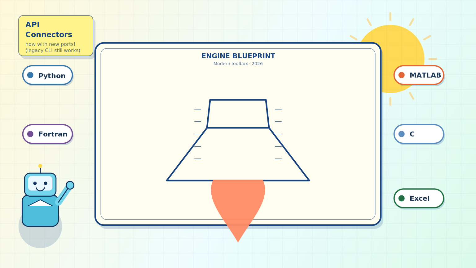 A friendly cartoon blueprint parchment showing a rocket engine nozzle surrounded by rounded API connector tags labeled Python, MATLAB, C, Excel, and Fortran, with a small waving robot mascot in a lab coat and a sun in the corner.