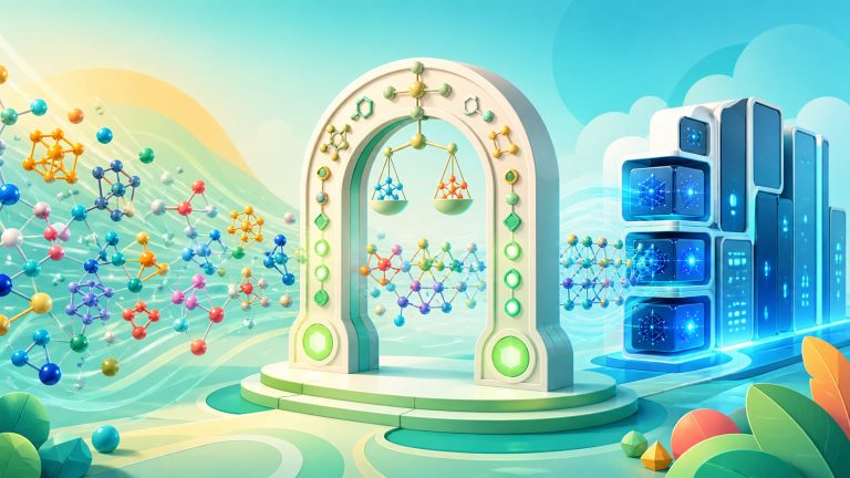 Original conceptual editorial illustration of colorful crystal lattices passing through a balanced chemistry checkpoint before reaching a computing cluster.