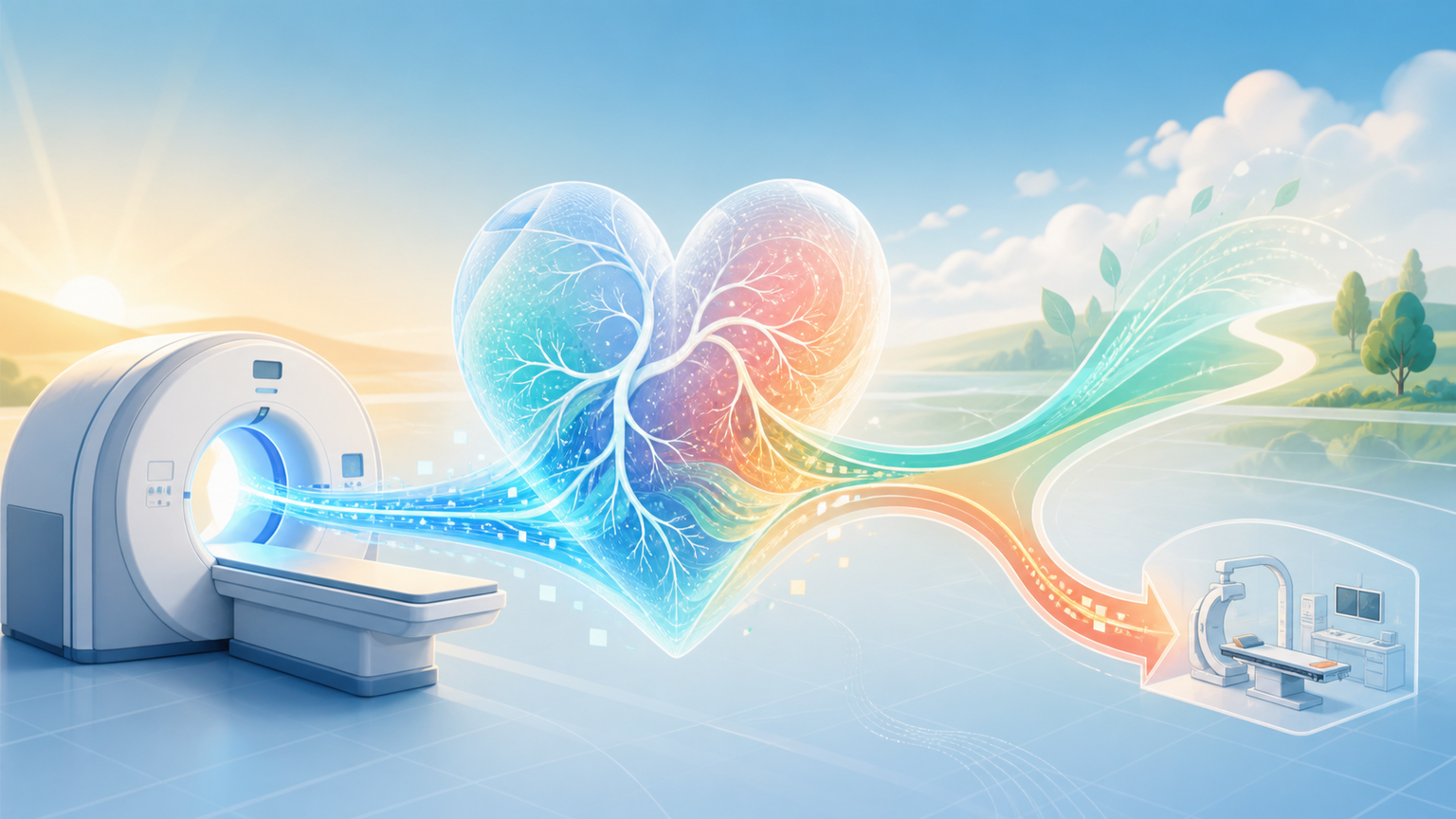 Original conceptual illustration of a CT scanner turning coronary imaging into a colorful heart blood-flow map and a calm diagnostic decision fork.