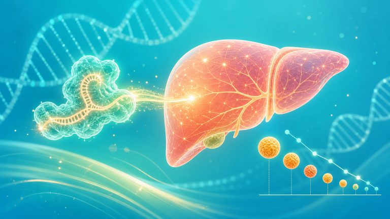 Original conceptual editorial illustration of a glowing gene-editing guide approaching a stylized liver beside a descending row of lipid particles.
