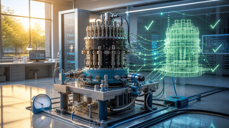 Original conceptual editorial illustration of a compact civilian microreactor test assembly beside a glowing digital model and check marks in a bright laboratory; a small gauge rests near zero.