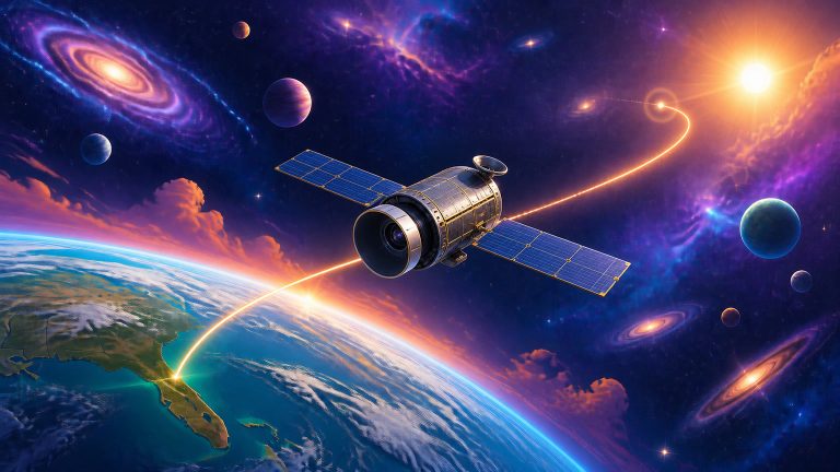 Original editorial illustration of a cylindrical space observatory with solar panels traveling above Earth toward a colorful field of galaxies.