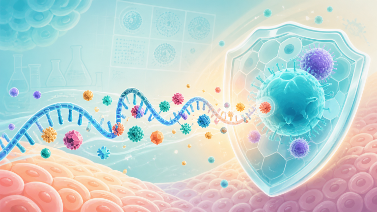 Original editorial illustration of a colorful messenger-RNA ribbon carrying varied molecular markers toward a protective immune-cell shield above abstract skin cells.