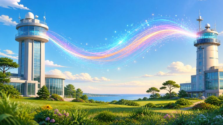 Two research towers exchange a colorful open-air photon beam across a sunny landscape.