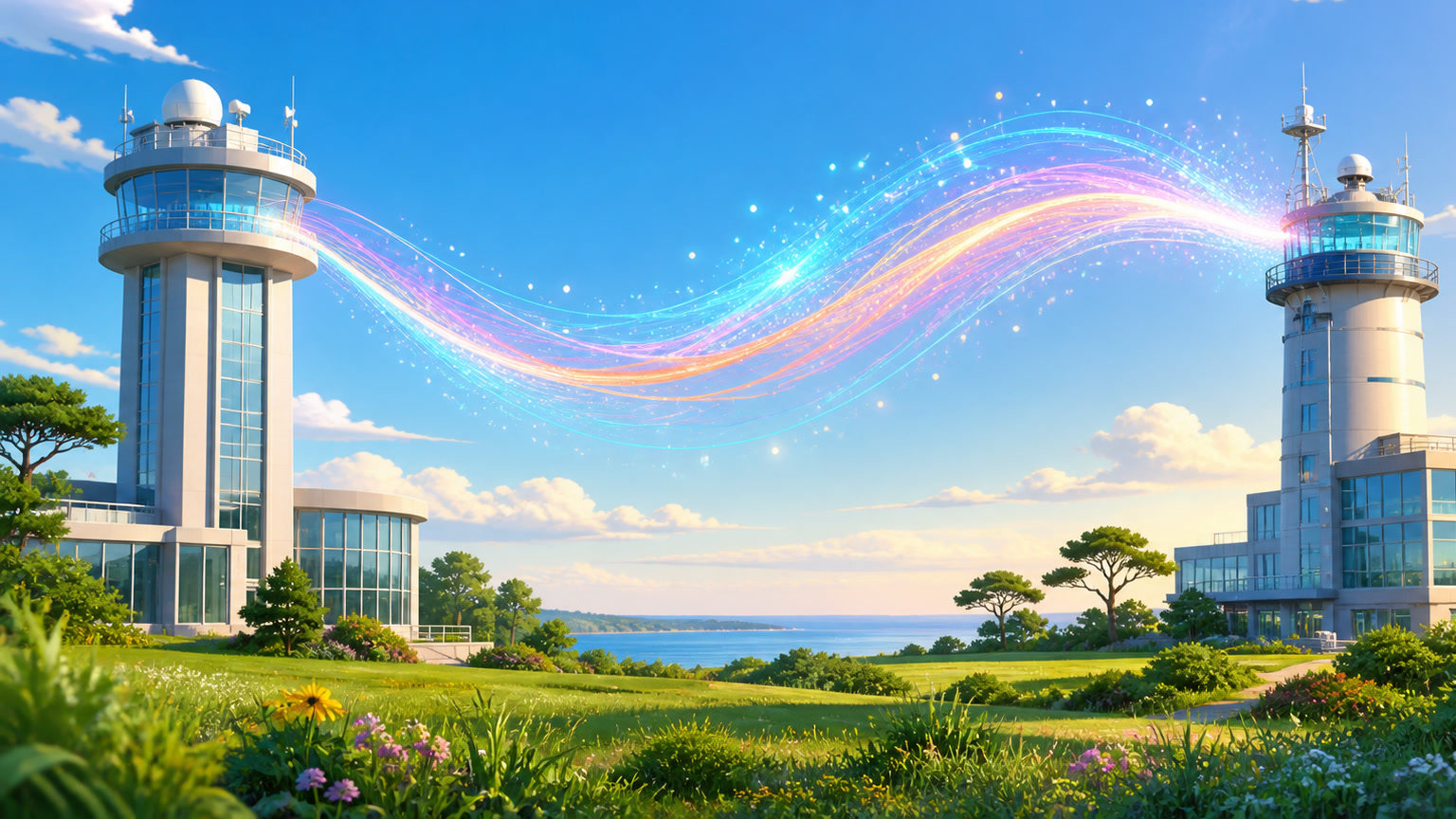 Two research towers exchange a colorful open-air photon beam across a sunny landscape.