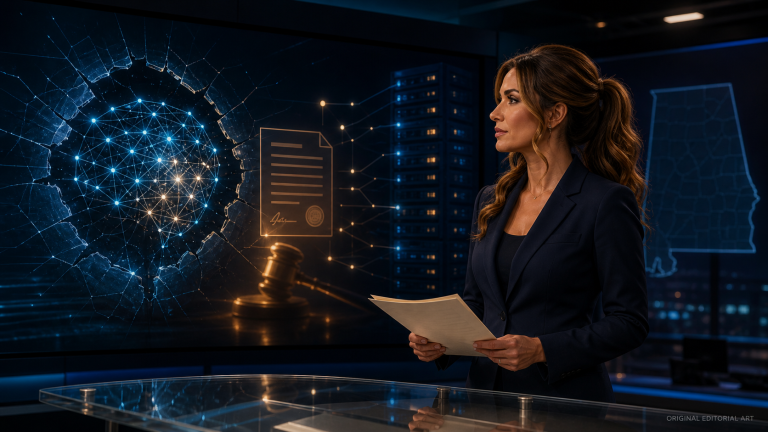 Original editorial artwork of Jennifer Hudsen reviewing an investigative dossier beside an abstract cracked AI network, server nodes, document and gavel in a late-night newsroom.