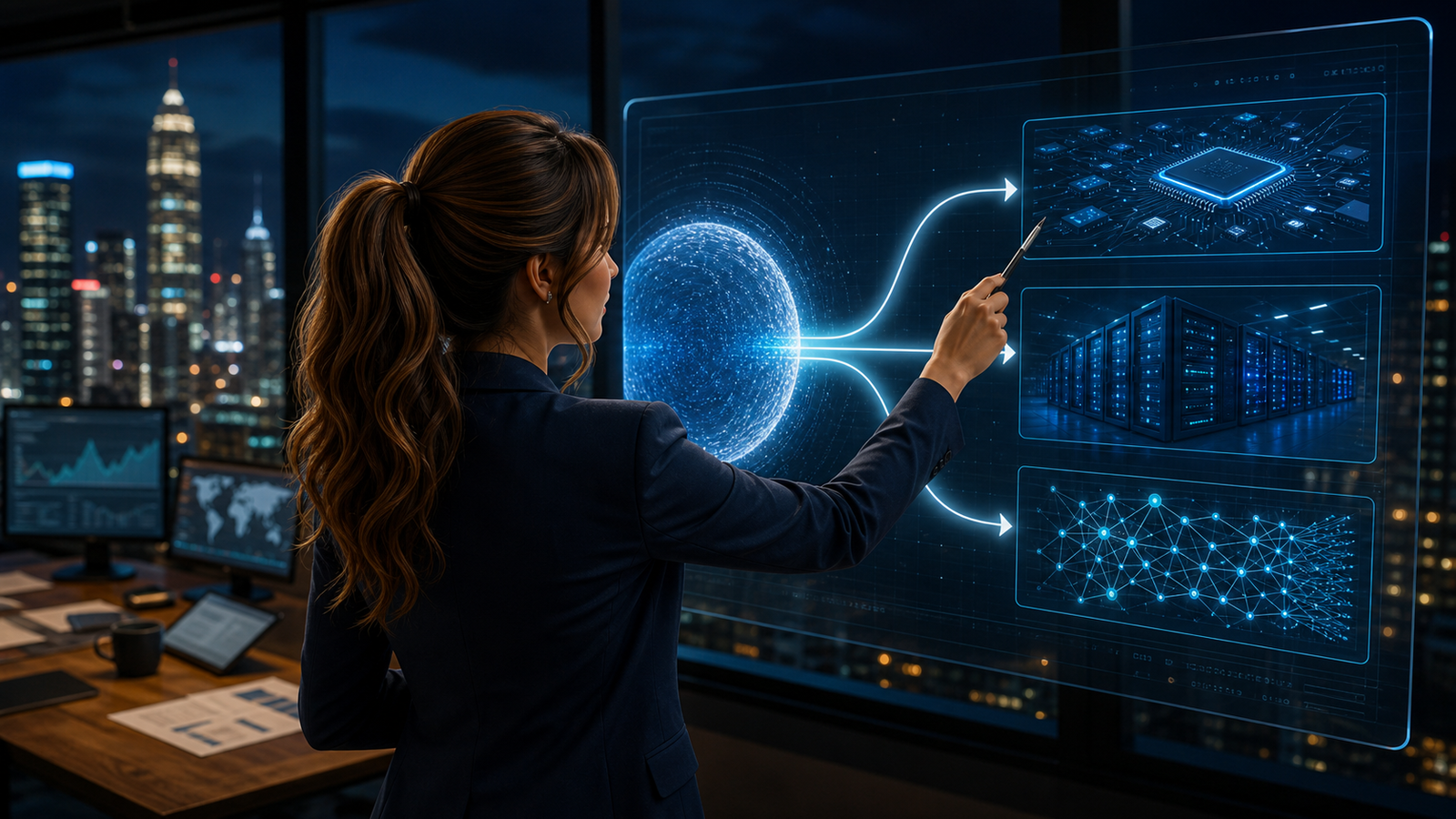 Original conceptual editorial illustration of Jennifer Hudsen mapping a large capital raise into unbranded semiconductor, data-center and AI-model layers in a late-night newsroom.