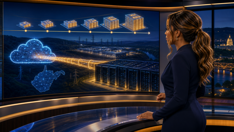 ORIGINAL EDITORIAL CONCEPT — NOT AN INCIDENT PHOTOGRAPH. Jennifer Hudsen studies an abstract AI compute pipeline and West Virginia data-center visualization; not an official facility image or proof of the reported lease.