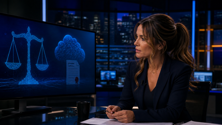 Original editorial concept: Jennifer Hudsen studies a generic circuit-board balance scale, AI cloud and sealed court document in a midnight newsroom; not an official court image.
