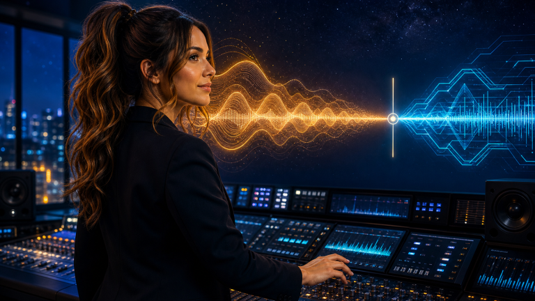 Original editorial artwork of Jennifer Hudsen at a late-night audio newsroom console between warm human and cool synthetic sound-wave displays.
