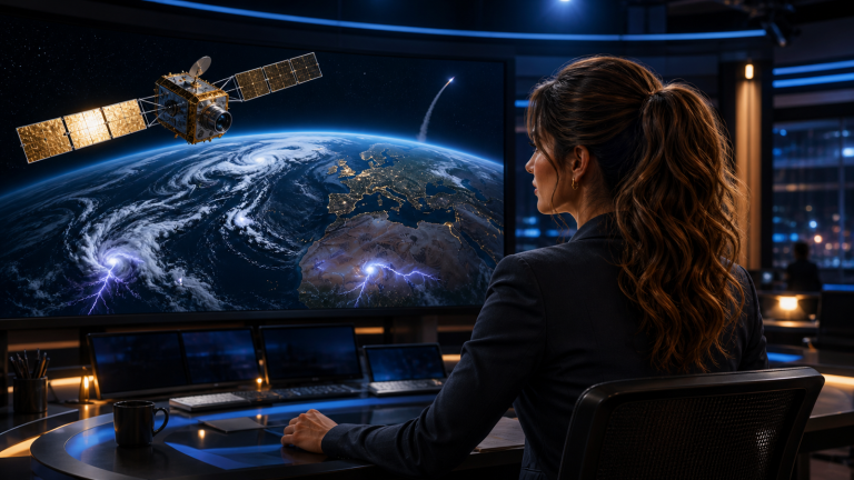 Original editorial concept: Jennifer Hudsen views a stylized weather satellite above Earth in a midnight newsroom; no official satellite imagery or logos are shown.