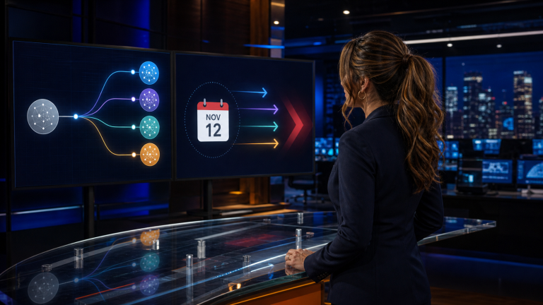 Original editorial concept: Jennifer Hudsen faces an abstract model-routing display branching toward alternatives beside a November 12 transition calendar; no company logos or product screenshots appear.