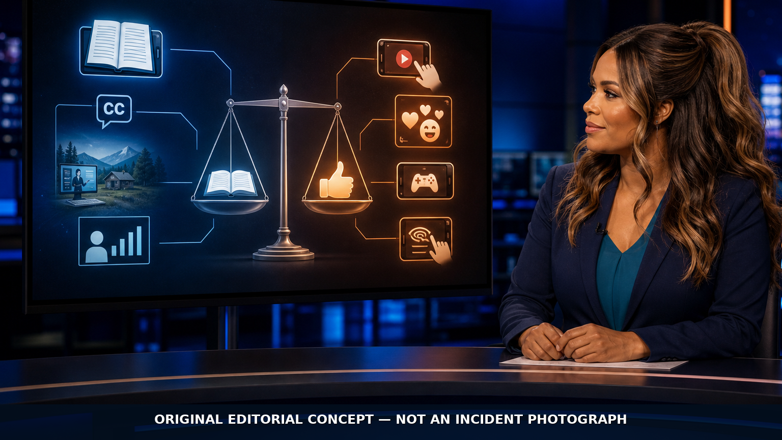 Jennifer Hudsen in a late-night newsroom studies an original balance graphic contrasting purposeful educational technology with recreational screen use; original editorial concept, not an incident photograph.
