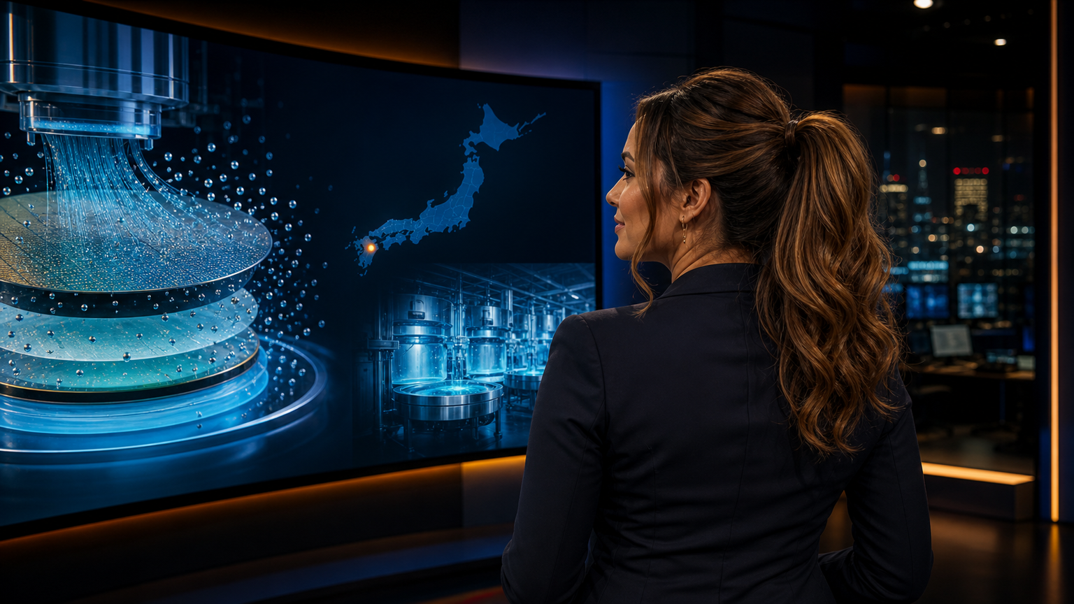 Original editorial newsroom concept: Jennifer Hudsen reviews an abstract semiconductor-wafer cleaning process and a map of Japan highlighting Oita; not a factory photograph or official Fujifilm artwork.