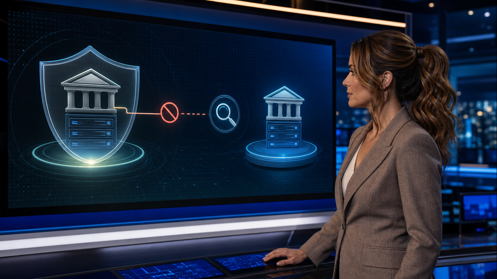 Original conceptual editorial illustration of Jennifer Hudsen reviewing an unbranded government portal protected by a shield, a disconnected external line and a separate replacement system.