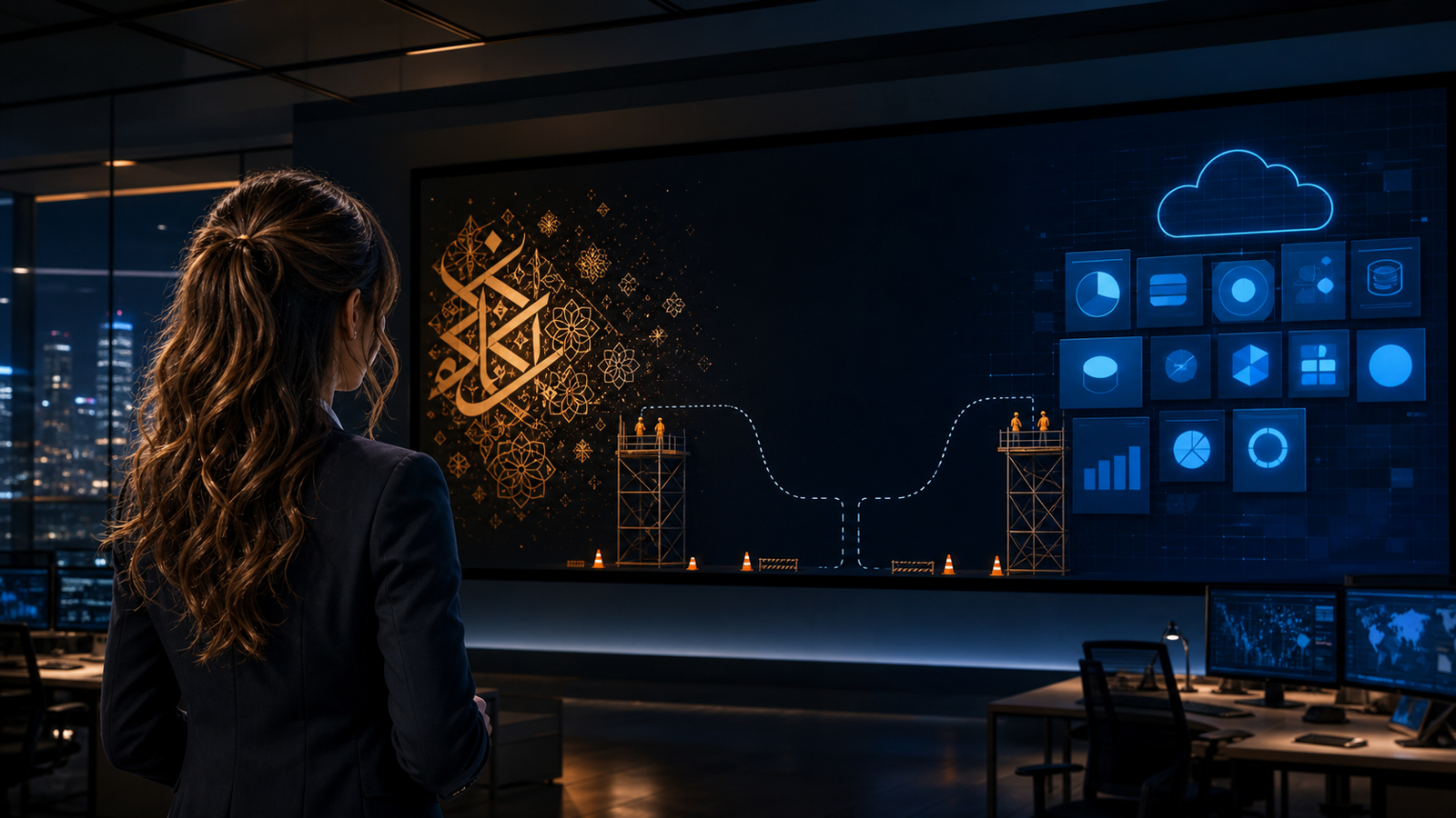 Original Jennifer Hudsen newsroom concept art showing Arabic-inspired geometry and enterprise software separated by an unfinished planning path; not an official interface or proof of a live integration.