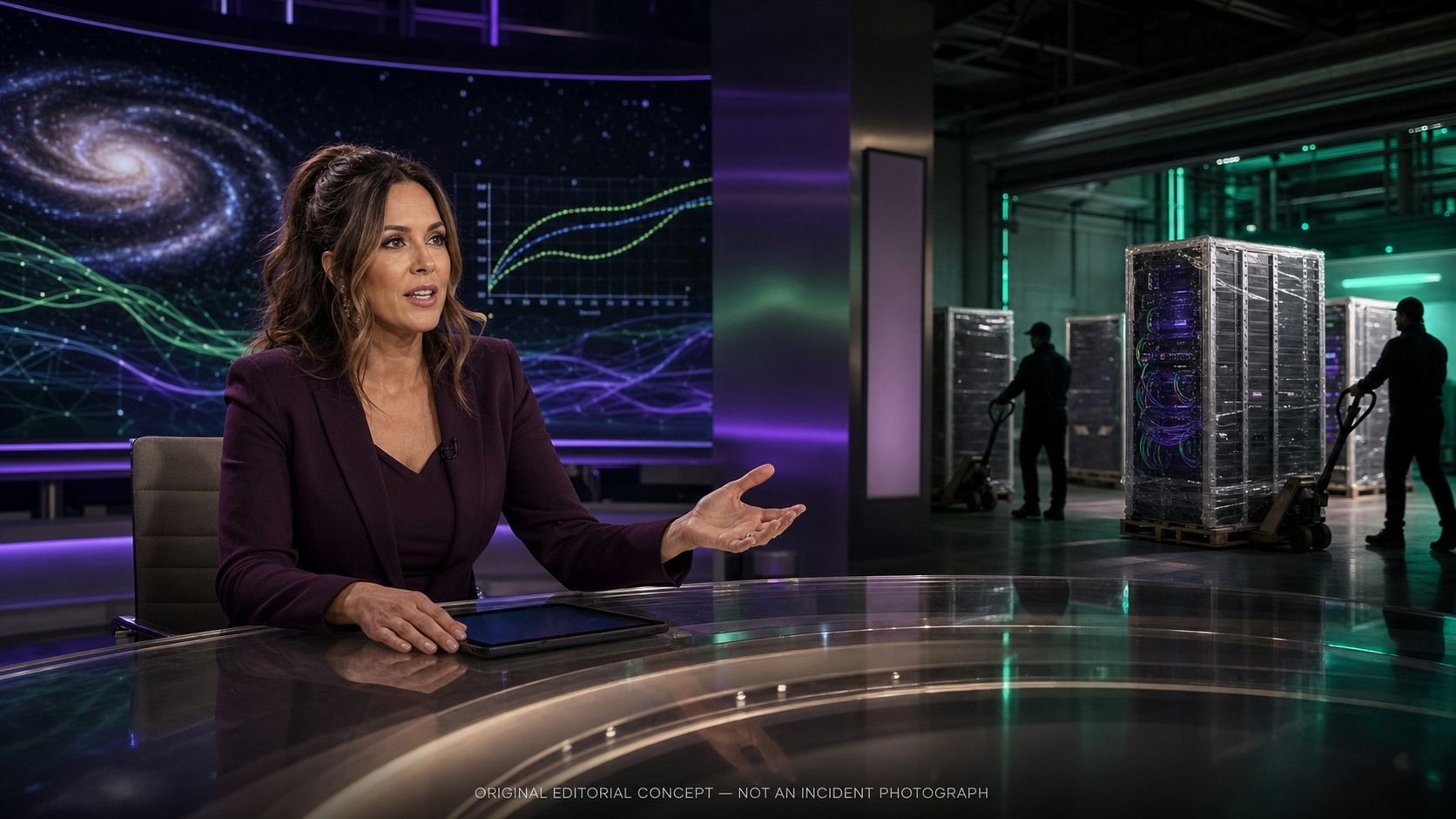 Original editorial illustration of Jennifer Hudsen seated in a late-night newsroom beside an abstract data-center receiving bay with palletized AI server racks and astronomy-inspired compute graphics.