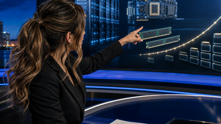 Original conceptual editorial illustration of Jennifer Hudsen pointing to unbranded server racks, memory modules and a rising cost curve in a late-night newsroom.