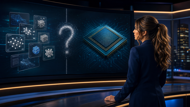 Original editorial concept: Jennifer Hudsen studies separate displays of an abstract AI model repository and a generic processor divided by a glowing question mark; not an NVIDIA or Hugging Face image or proof of a transaction.