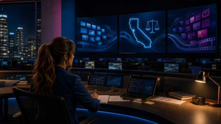 Original conceptual editorial illustration of Jennifer Hudsen reviewing abstract television-channel tiles separating around a California outline and legal scales in a late-night newsroom.