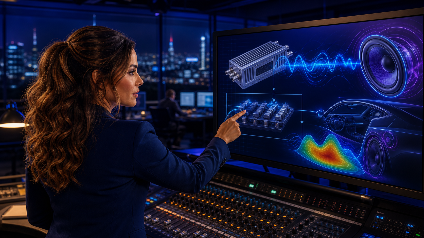 Original editorial illustration of Jennifer Hudsen in profile at a late-night newsroom console, pointing to an abstract compact amplifier, speaker waveform, thermal map and sports-car audio diagram.